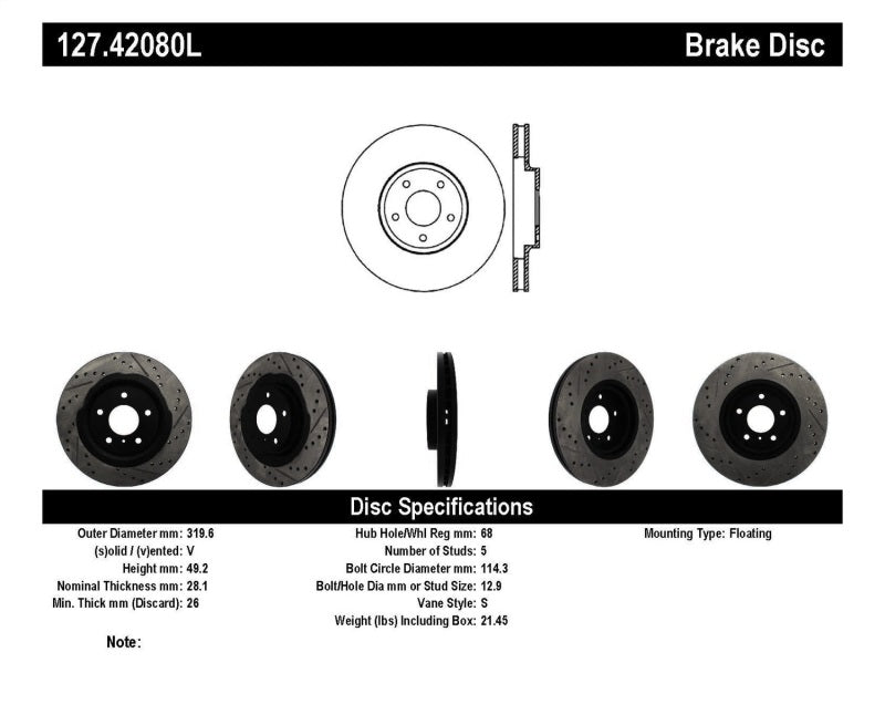 StopTech 06-07 350Z / 05-07 G35 exp Sport/ 06-07 G35X SportStop Slotted & Drilled Front Left Rotor