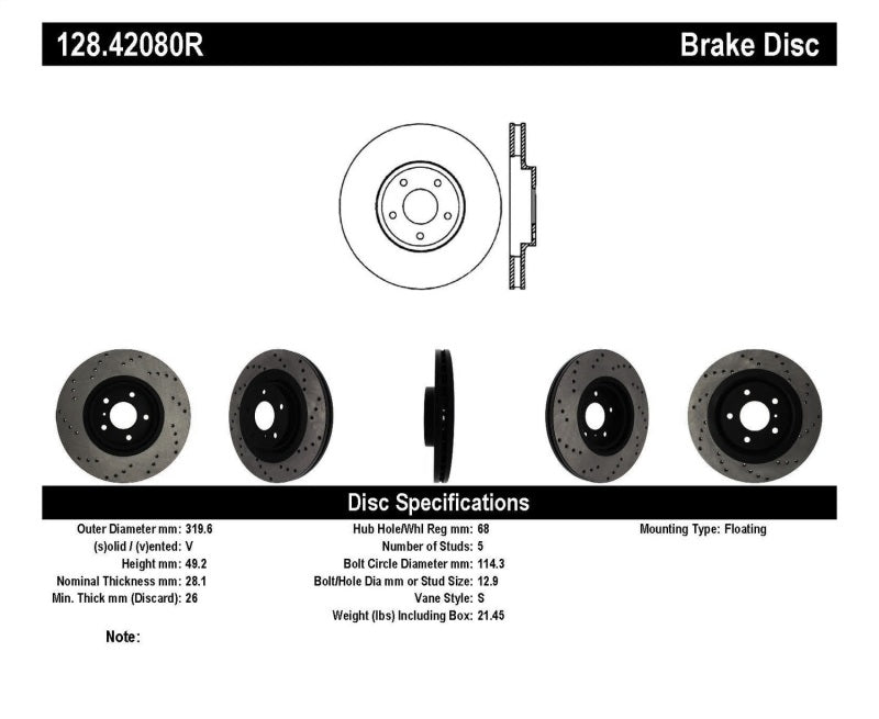 StopTech 08-09 Infiniti EX35 / 05-08 G35 / 09 G37 / 06-09 M35/M45 Drilled Right Front Rotor