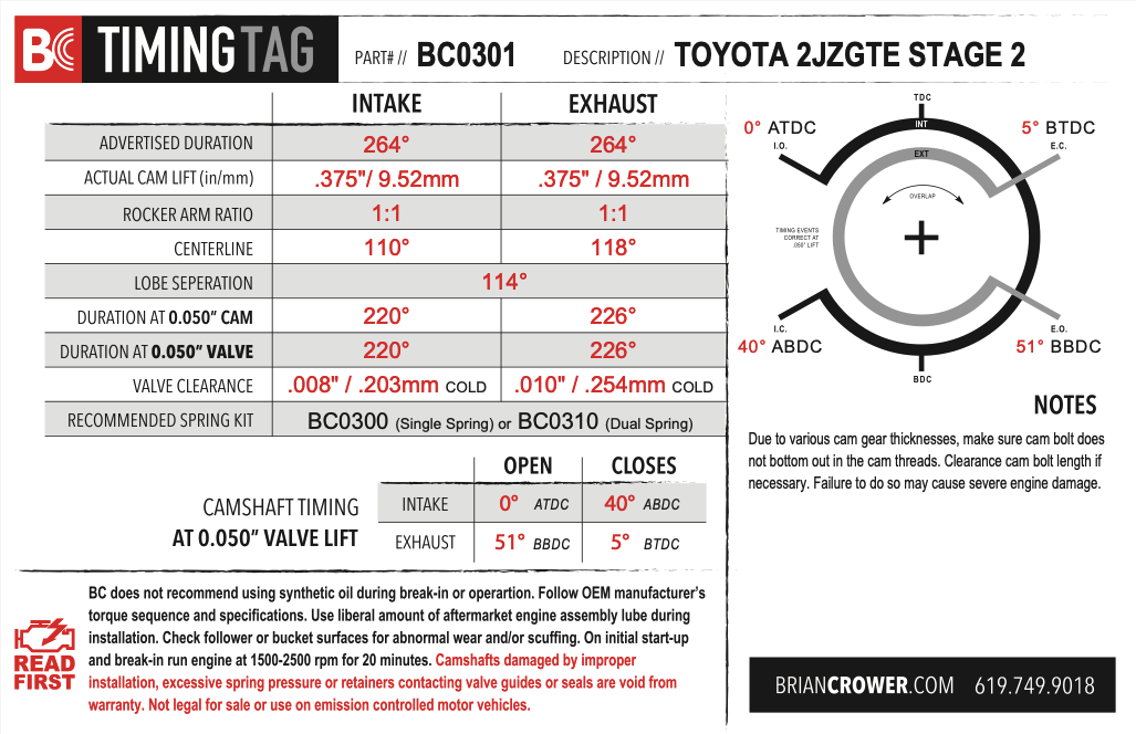 Brian Crower - Toyota 2JZGTE Stage 2 Camshafts - Street/Strip Spec (BC0301)