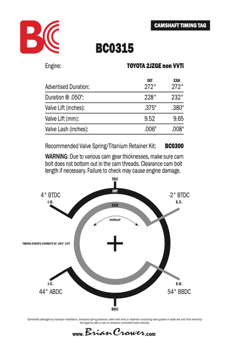 Brian Crower - Toyota 2JZGE Non VVTi Stage 3 Camshafts - Race Spec (BC0315)