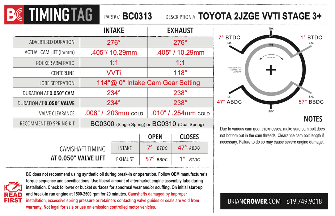 Brian Crower - Toyota 2JZGE VVTi Stage 3+ Camshafts - Race Spec (BC0313)