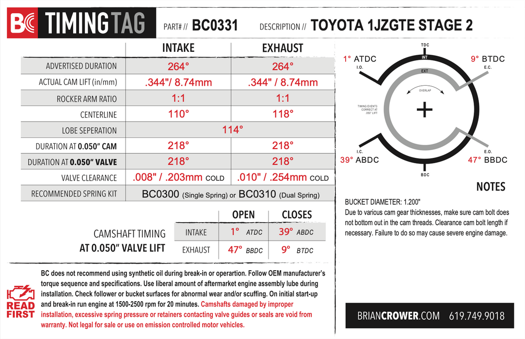 Brian Crower - Toyota 1JZGTE Stage 2 Camshafts - Street/Strip Spec (BC0331)