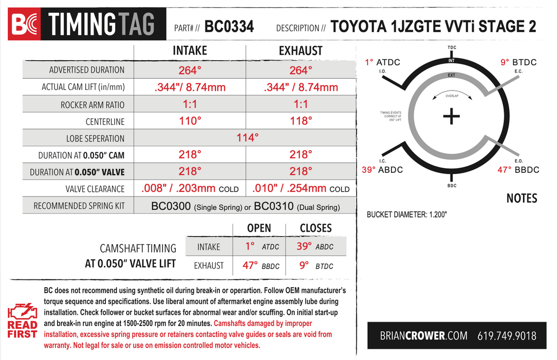 Brian Crower - Toyota 1JZGTE VVTi Stage 2 Camshafts - Street/Strip Spec (BC0334)