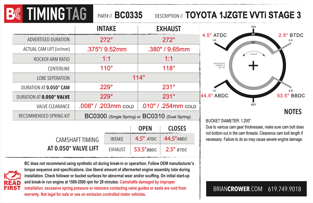 Brian Crower - Toyota 1JZGTE VVTi Stage 3 Camshafts - Race Spec (BC0335)