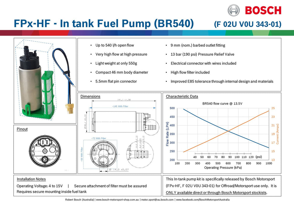 Bosch Motorsport BR540LPH Intake Fuel Pump F02UV0U343-01