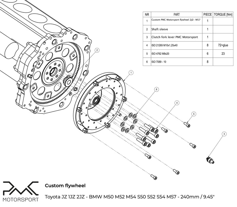 PMC Motorsport - Flywheel Toyota JZ - BMW M50 S50 M52 S52 M54 S54 M57 - 240mm / 9.45" (K0M50-240-JZ)