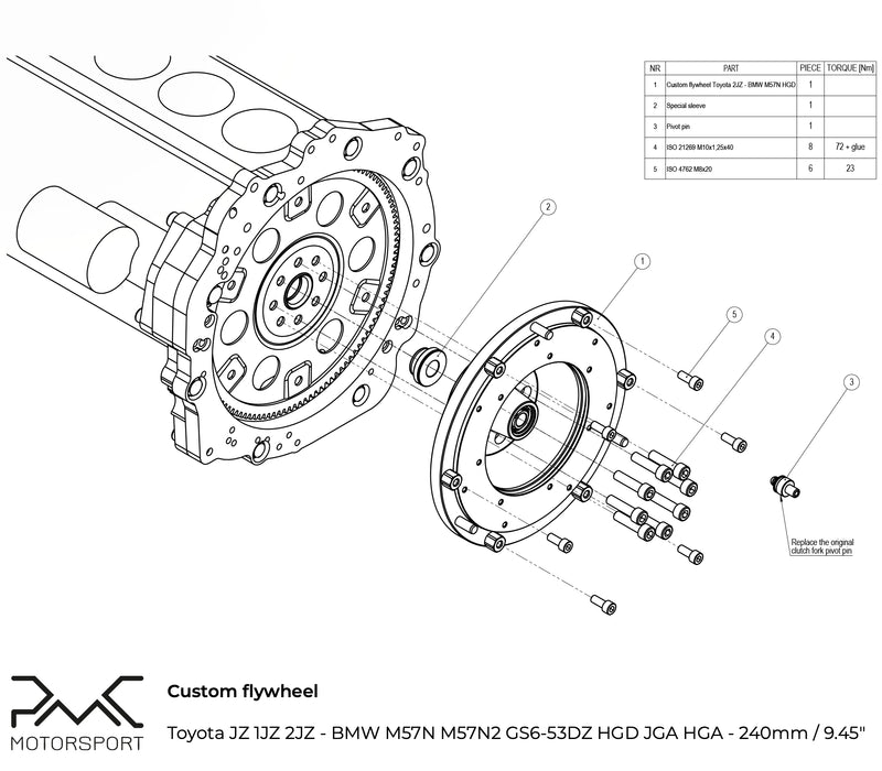 PMC Motorsport - Flywheel Toyota JZ - BMW M57N HGD JGA HGA - 240mm / 9.45" (K0M57-240-JZ)