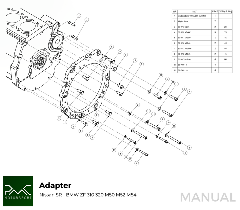 PMC Motorsport - Adapter Kit Nissan SR - BMW M50 S50 M52 S52 M54 - 240mm / 9.45" (A-SR-M50-240)