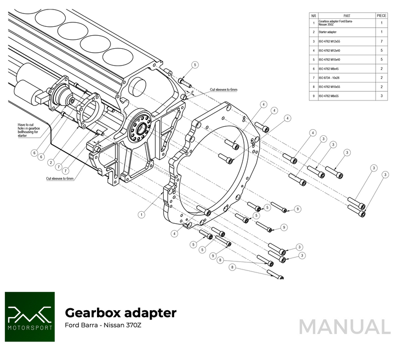 PMC Motorsport - Adapter Kit Ford Barra - Nissan 350Z Z33 370Z Z34 - 250mm / 9.84" (A-BAR-350-250)