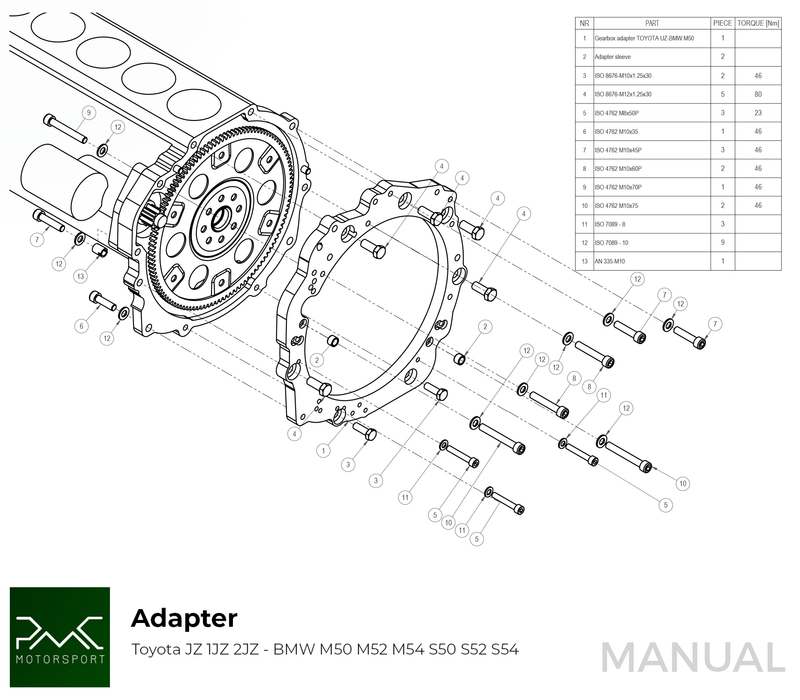 PMC Motorsport - Adapter kit Toyota JZ - BMW M50 S50 M52 S52 M54 - 184mm / 7.25" (A-JZ-M50-184S)