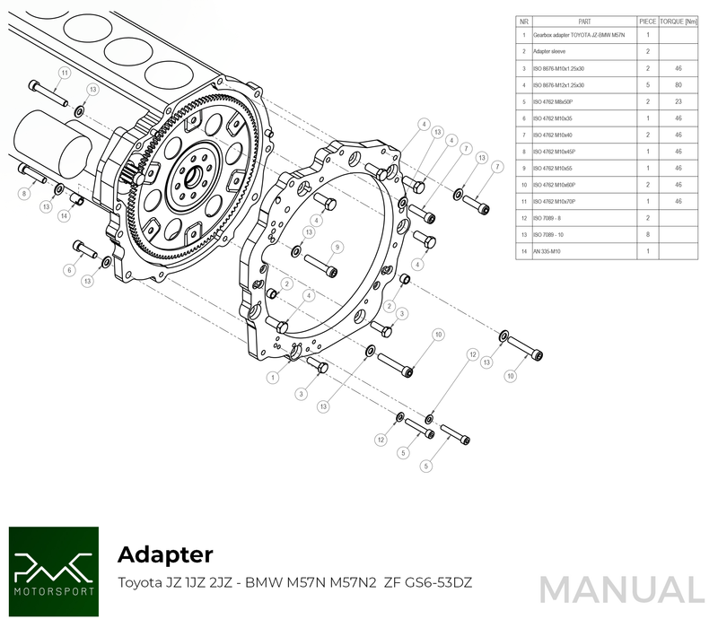 PMC Motorsport - Adapter Kit Toyota JZ - BMW M57N HGD JGA HGA - 184mm / 7.25" (P) (A-JZ-HGD-184P)