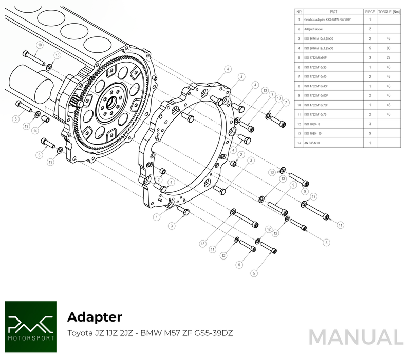 PMC Motorsport - Adapter Kit Toyota JZ - BMW M57N HGD JGA HGA - 184mm / 7.25" (S) (A-JZ-HGD-184S)