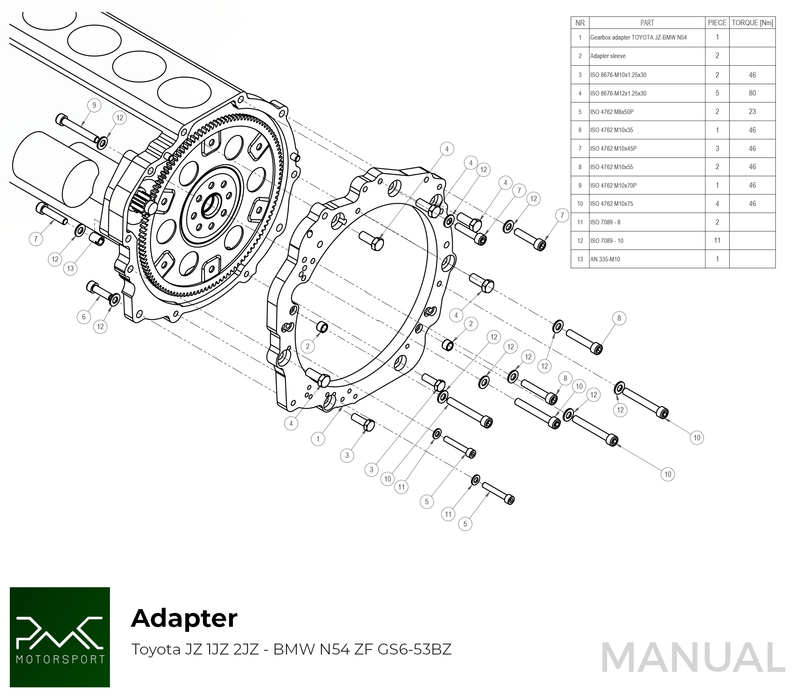 PMC Motorsport - Adapter Kit Toyota JZ - BMW M57N HGU HGK / N54 - 240mm / 9.45" (A-JZ-HGU-240)