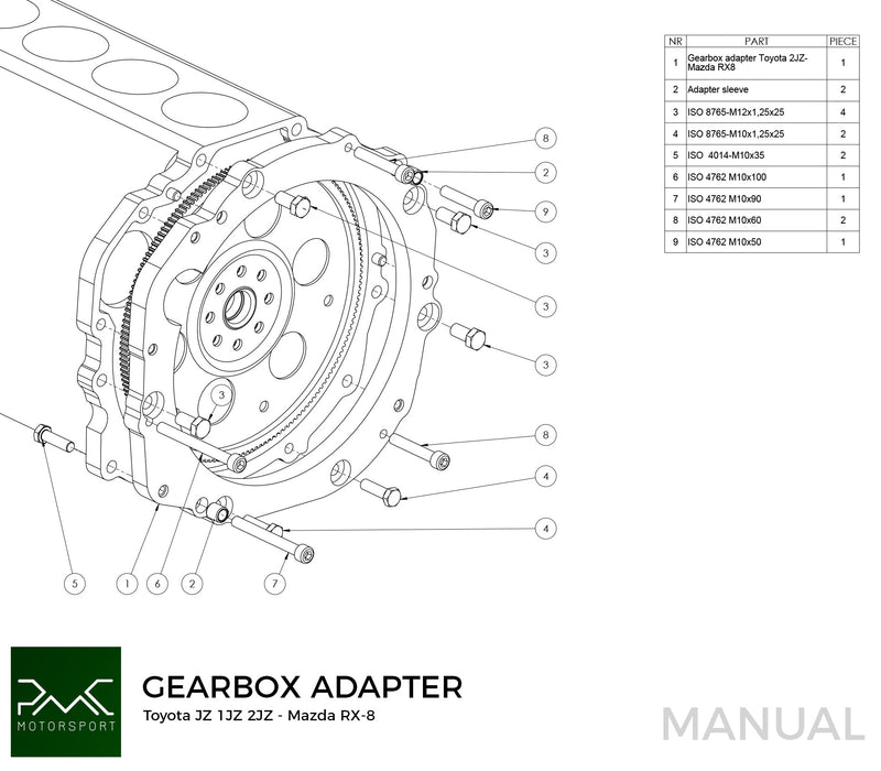 PMC Motorsport - Adapter Kit Toyota JZ - Mazda RX-8 - 240mm / 9.45" (F) (A-JZ-RX8-240F)