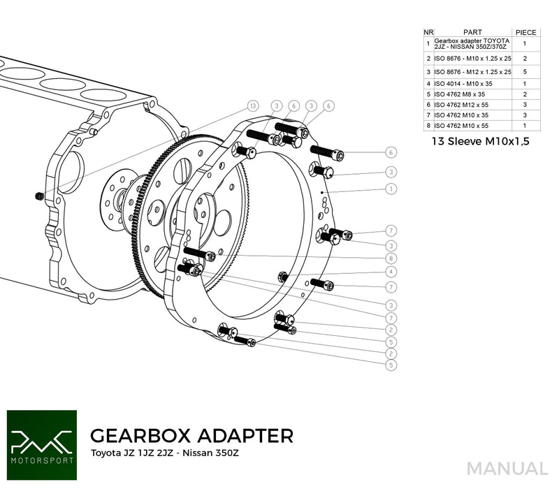 PMC Motorsport - Gearbox Adapter Plate Toyota JZ - Nissan 350Z Z33 370Z Z34 (F0350-JZ)