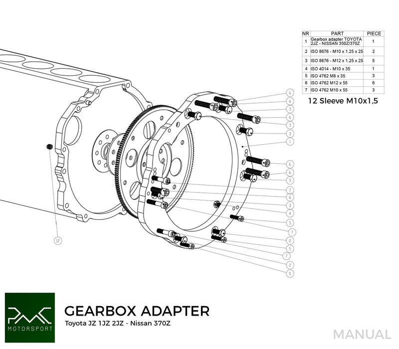 PMC Motorsport - Adapter Kit Toyota JZ - Nissan 350Z Z33 370Z Z34 - 250mm / 9.84" (A-JZ-350-250)