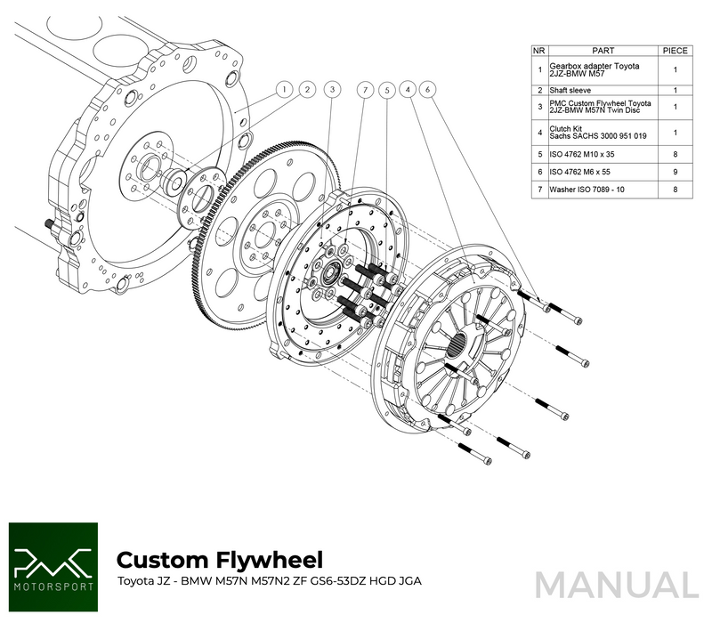 PMC Motorsport - Adapter Kit Toyota JZ - BMW M57N HGU HGK - 228mm / 8.98" (A-JZ-HGU-228)