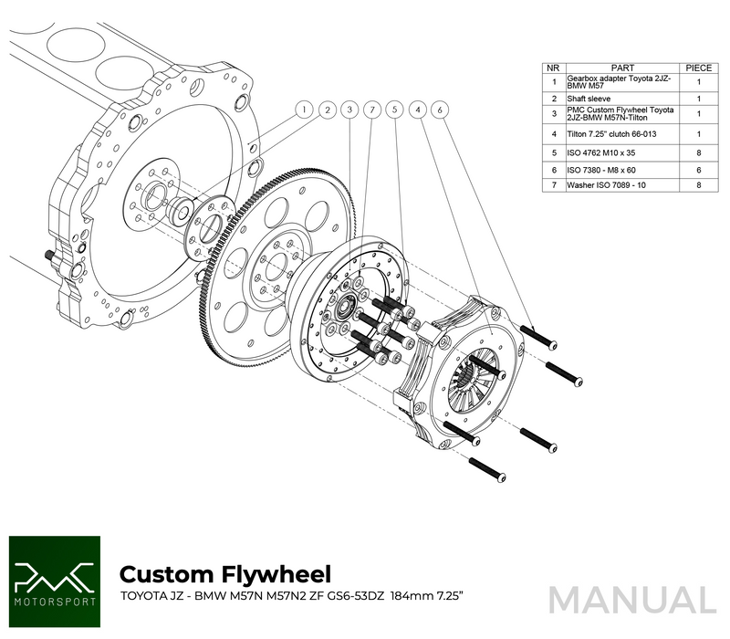 PMC Motorsport - Adapter Kit Toyota JZ - BMW M57N HGD JGA HGA - 184mm / 7.25" (P) (A-JZ-HGD-184P)