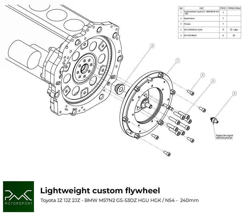 PMC Motorsport - Adapter Kit Toyota JZ - BMW M57N HGU HGK / N54 - 240mm / 9.45" (A-JZ-HGU-240)