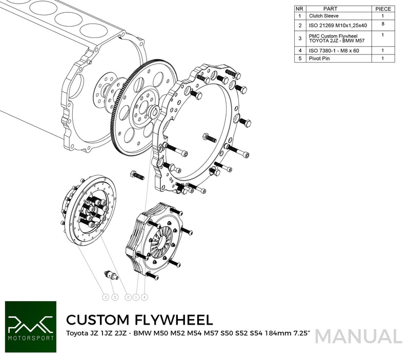 PMC Motorsport - Adapter kit Toyota JZ - BMW M50 S50 M52 S52 M54 - 184mm / 7.25" (A-JZ-M50-184S)