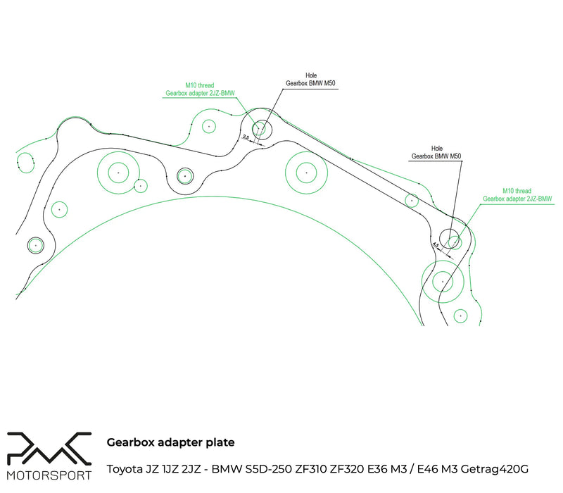 PMC Motorsport - Adapter kit Toyota JZ - BMW M50 S50 M52 S52 M54 - 240mm / 9.45" (A-JZ-M50-240)
